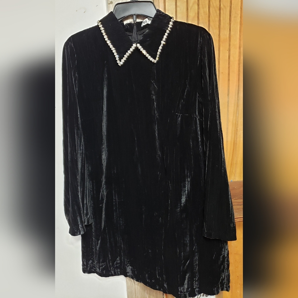 Zara Black Velvet Mini Dress with Pearl-Trim Collar